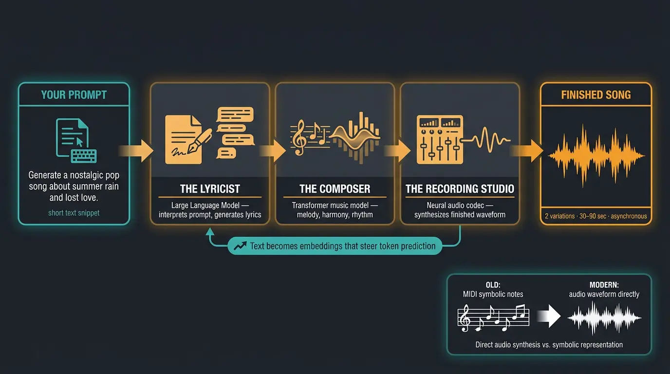 Infographic showing a prompt flowing through lyricist, composer, and studio AI stages into a finished audio waveform song.