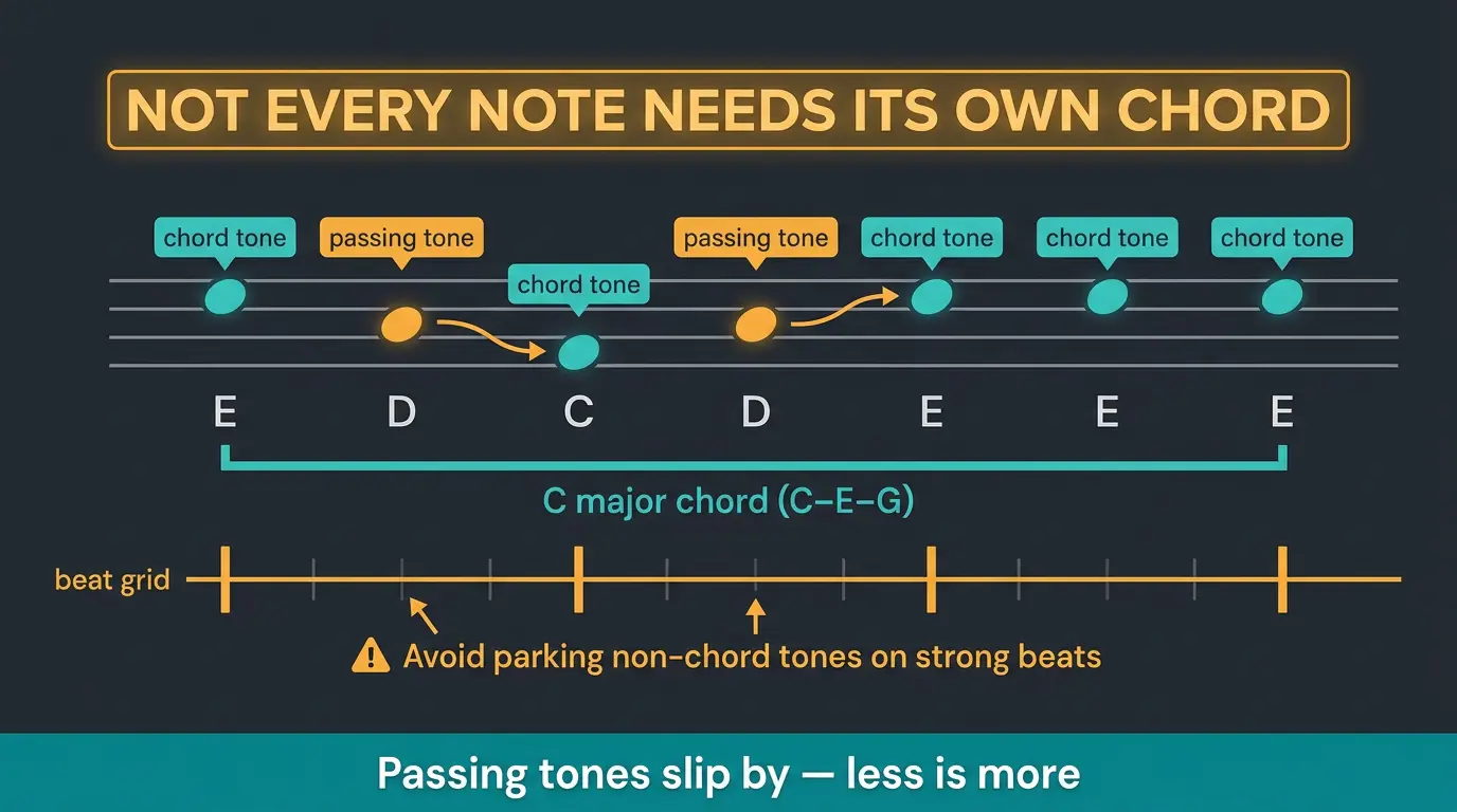 Infographic showing Mary Had a Little Lamb melody over one C major chord, marking chord tones and passing tones on a beat gri