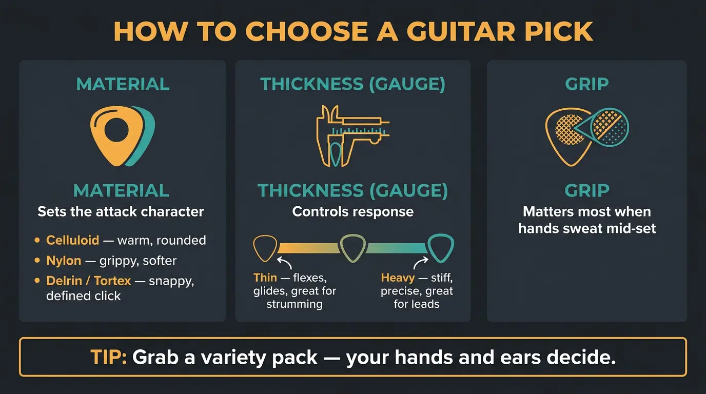 Infographic showing three guitar pick factors: material, thickness, and grip, with icons and short tips.