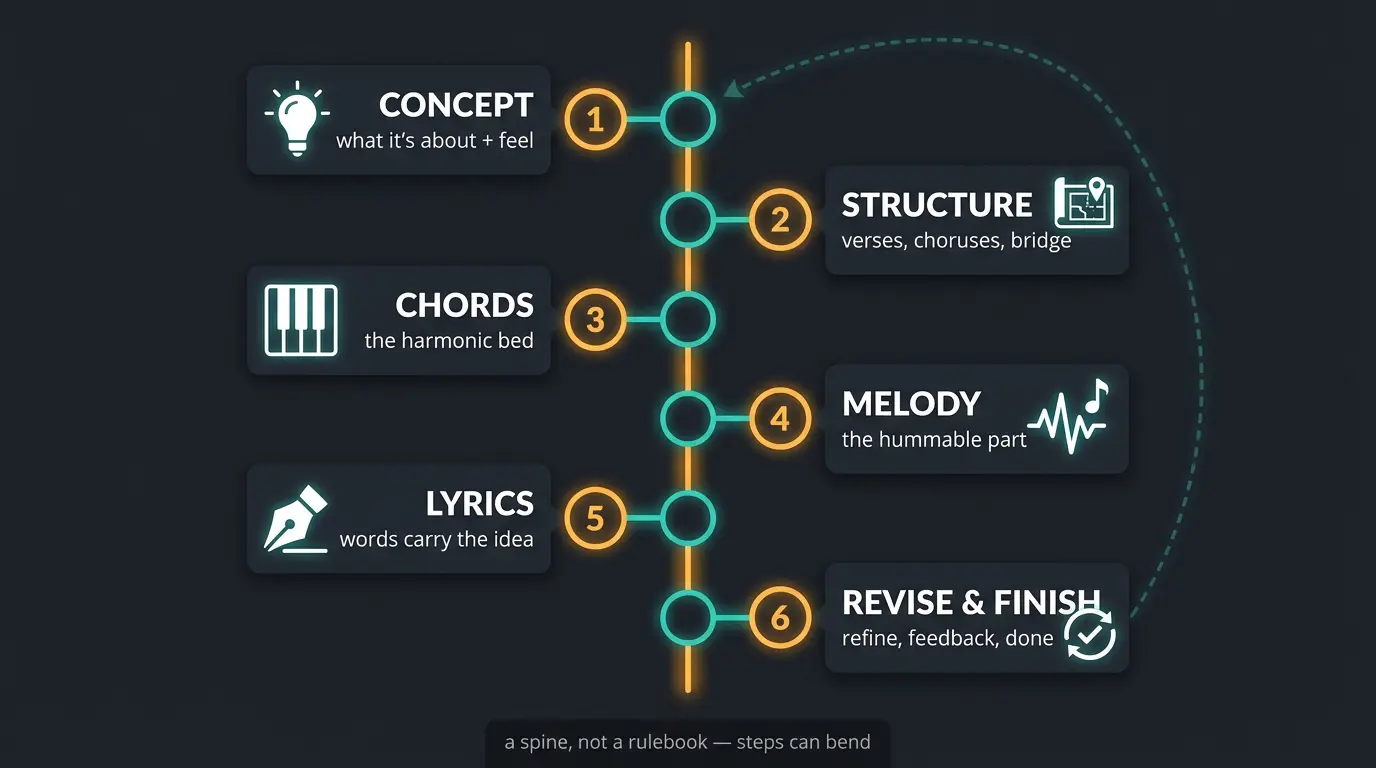 Vertical spine diagram of six songwriting steps: concept, structure, chords, melody, lyrics, revise, with a loop arrow showin