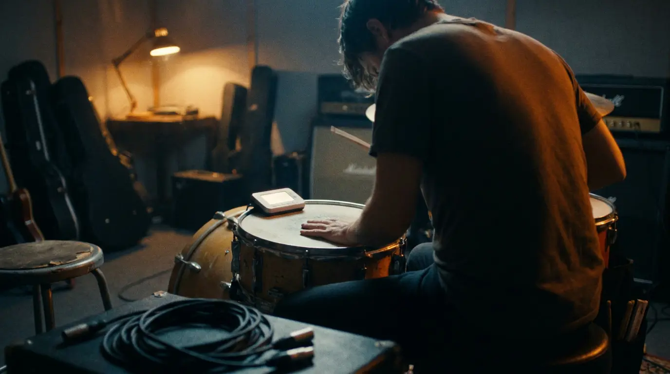 A drummer seen from behind resting a hand on a snare drum in a dim, warmly lit studio.