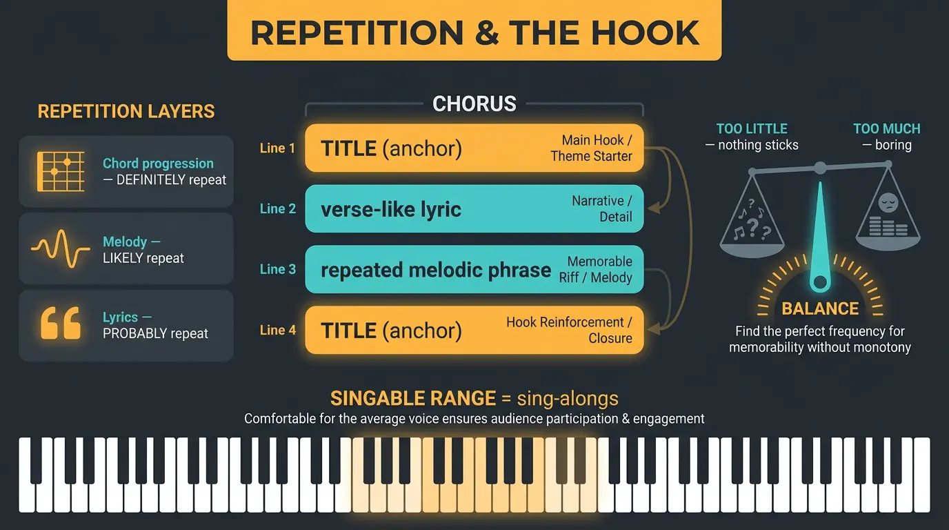 Infographic showing chorus structure with title repeated first and last, repetition layers, a balance scale, and a singable v