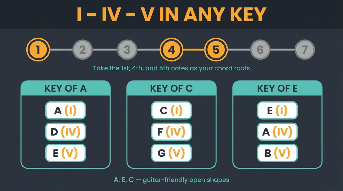 Infographic showing how scale degrees 1, 4, 5 form I-IV-V chords in keys of A, C, and E.