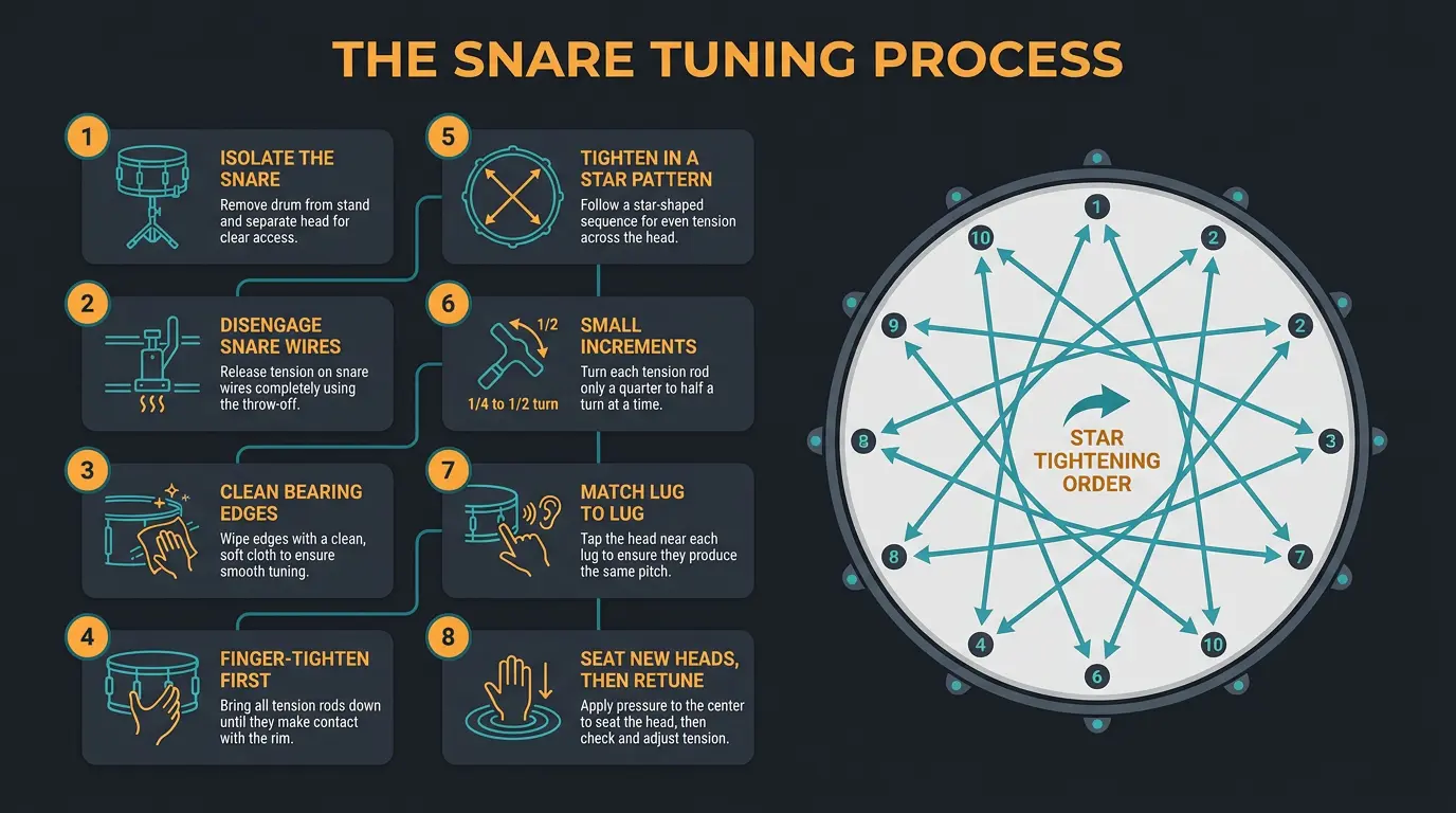 Infographic listing 8 snare drum tuning steps beside a top-down drum diagram showing 10 lugs in star-pattern order.
