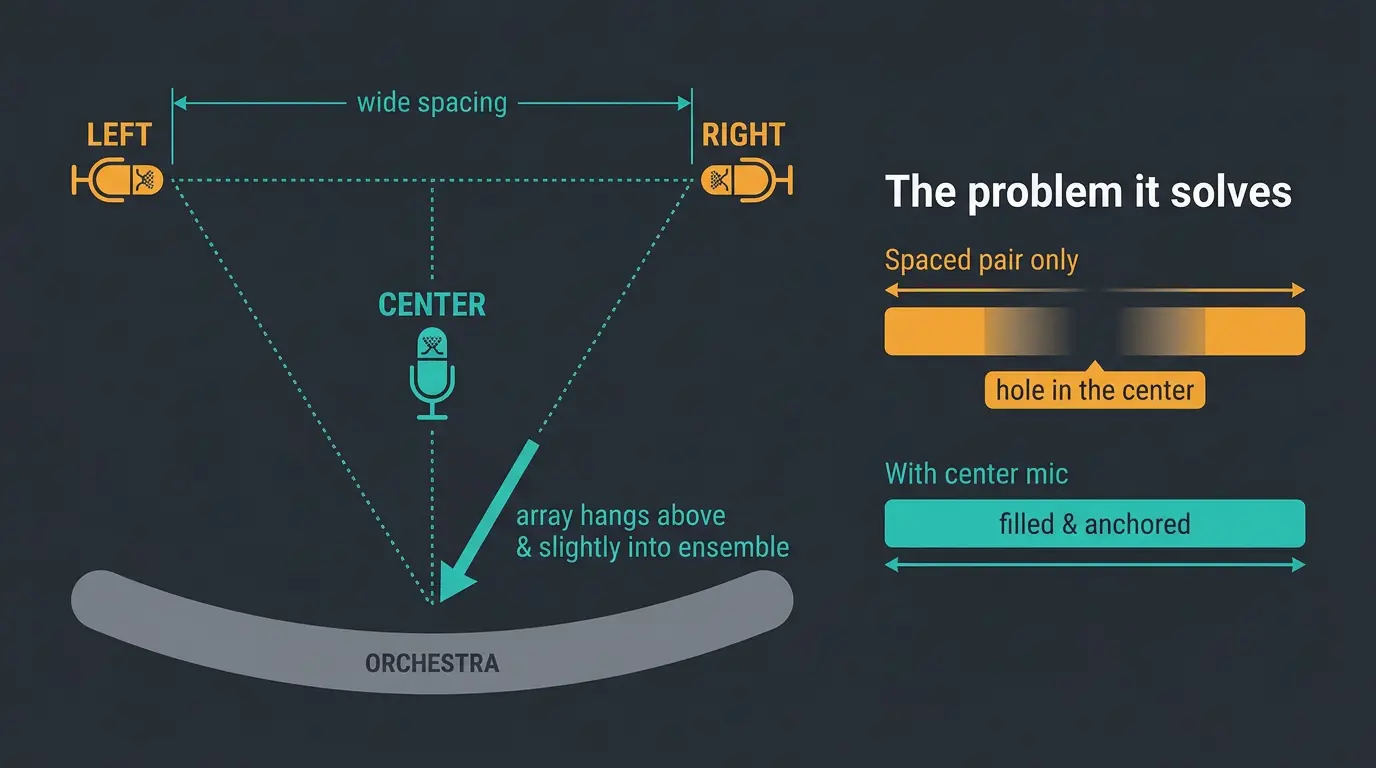 Diagram of Decca Tree: two wide side mics plus a forward center mic in an inverted T, filling the stereo center hole.