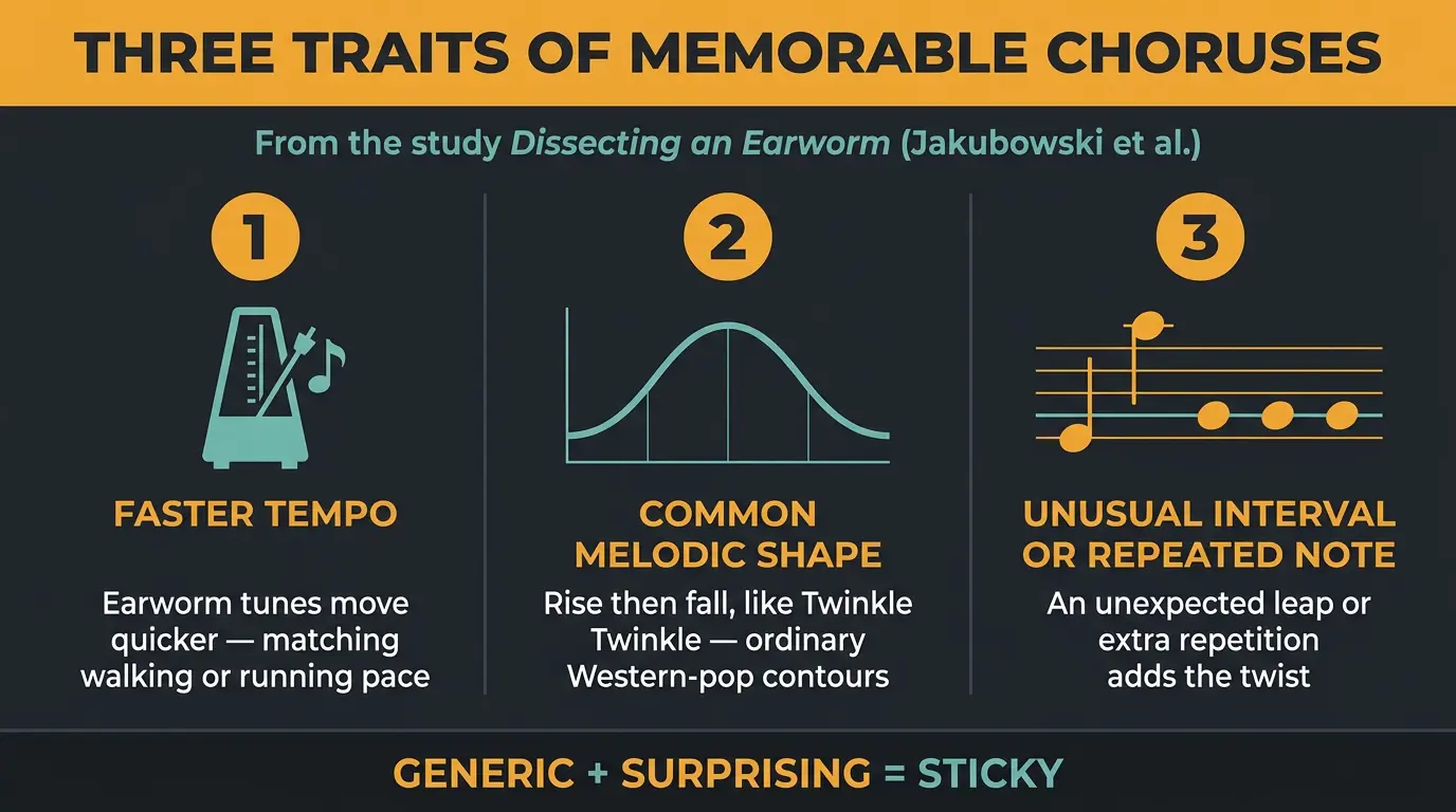 Infographic showing three traits of memorable choruses: faster tempo, common melodic shape, and unusual interval or repeated