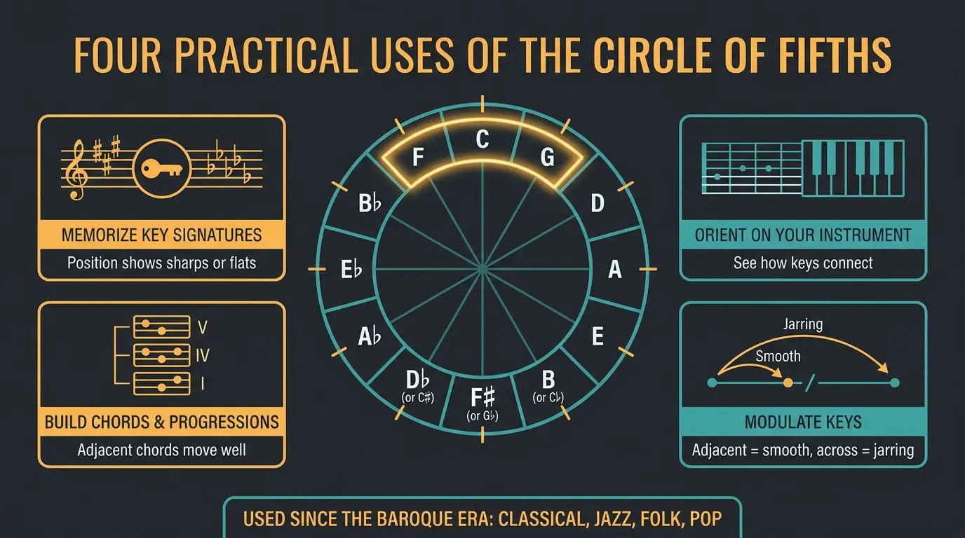 Infographic of the Circle of Fifths wheel with four cards on key signatures, orientation, chords, and modulation.