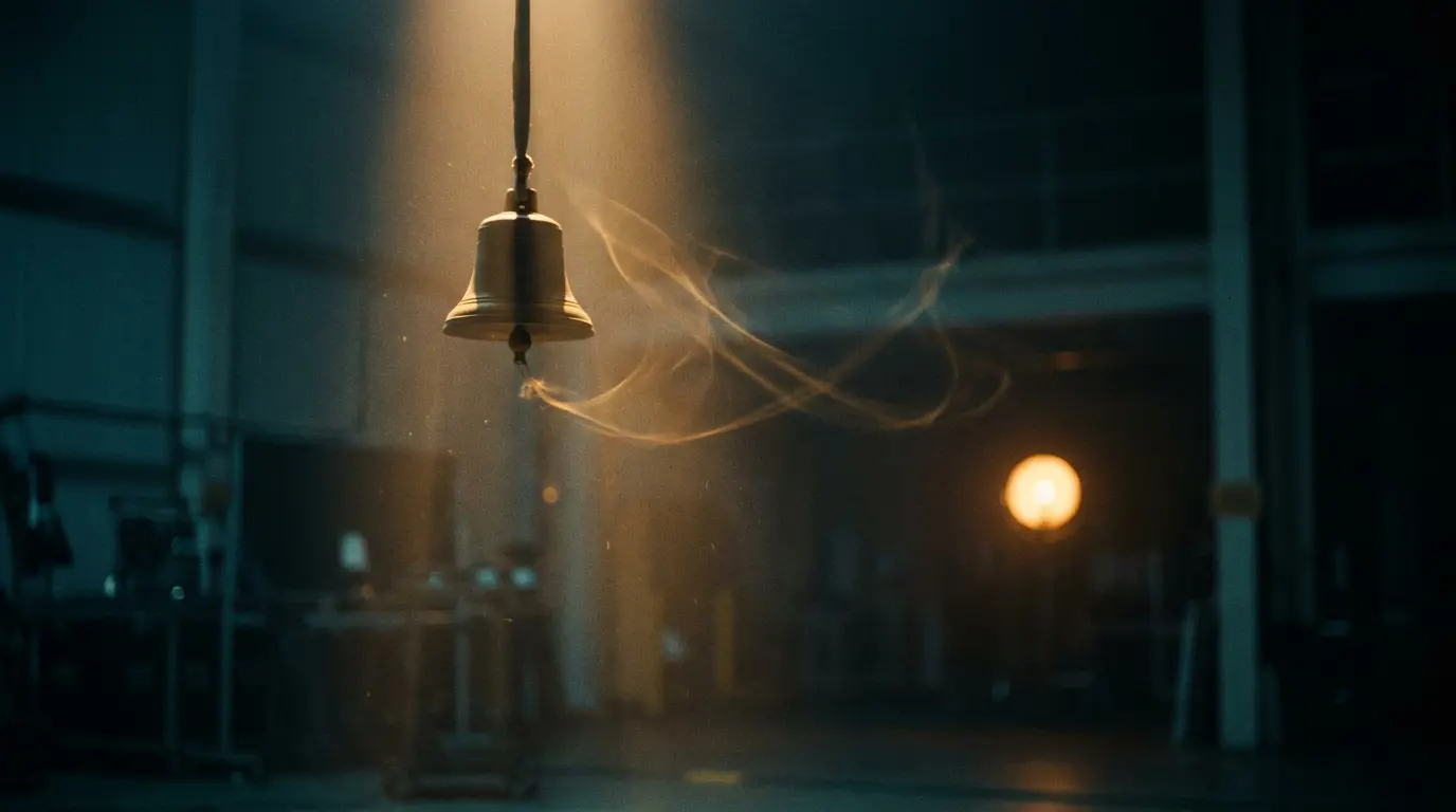 A suspended bell lit by a warm beam in a dark hazy studio, light trails fading into blue shadow.