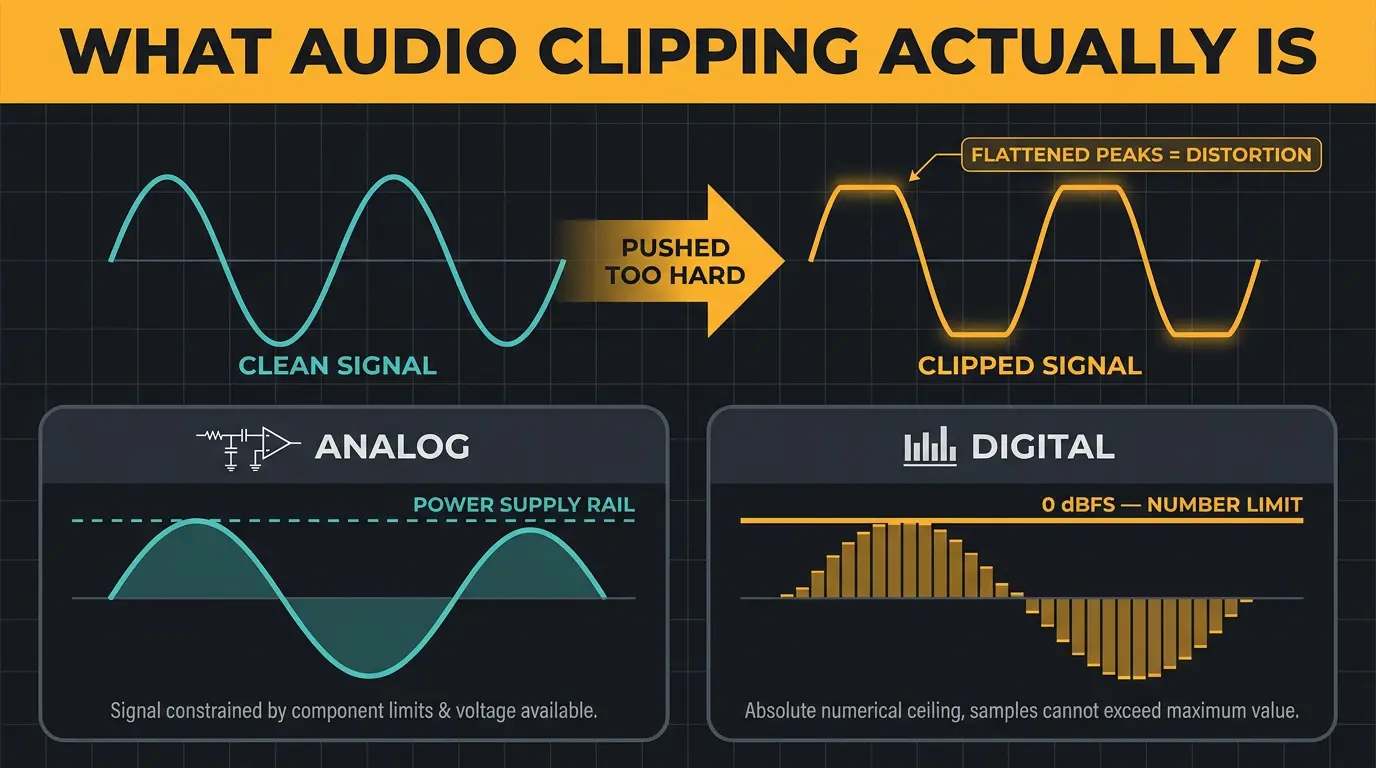 Infographic showing a smooth sinewave flattening into a clipped squarewave, with analog rail and digital limit panels.