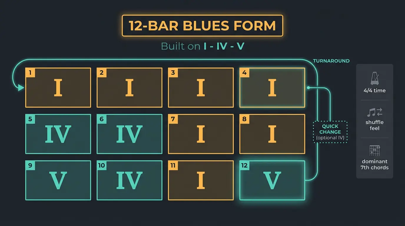 Infographic grid of the 12-bar blues showing I, IV, V chord layout with turnaround and quick change labels.