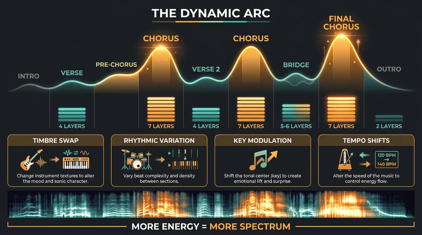 Infographic showing a song's dynamic arc curve peaking at choruses, layer counts, energy techniques, and a spectrogram.