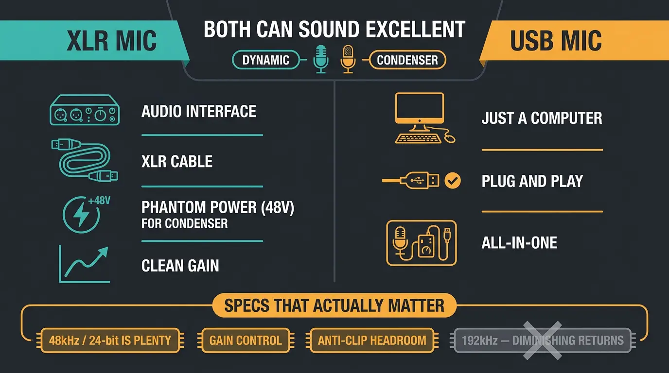 Infographic comparing XLR and USB mics, showing shared quality and differing gear needs plus specs that matter.