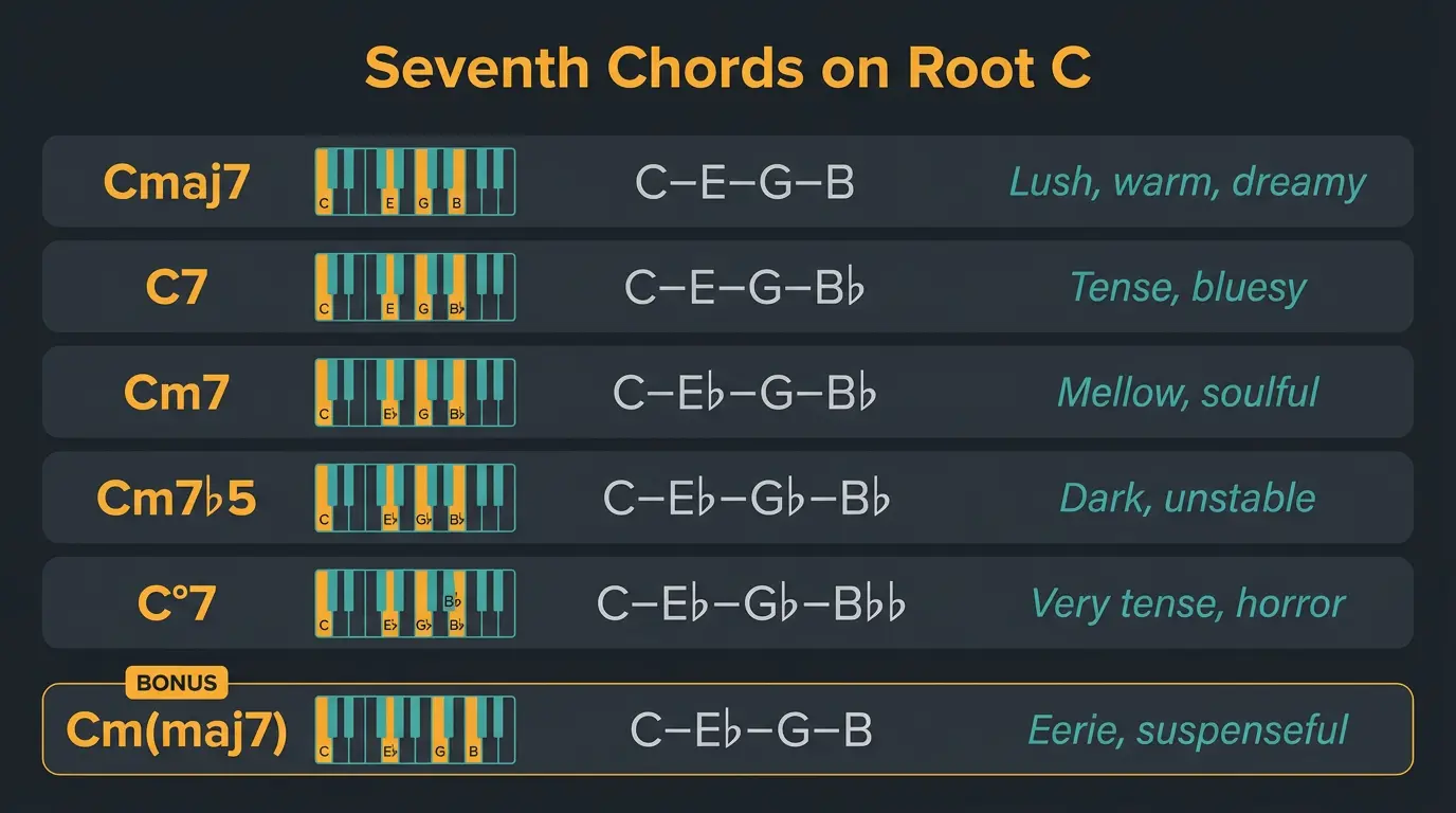 Infographic table of six seventh chords on root C with note spellings, keyboard diagrams, and mood labels.