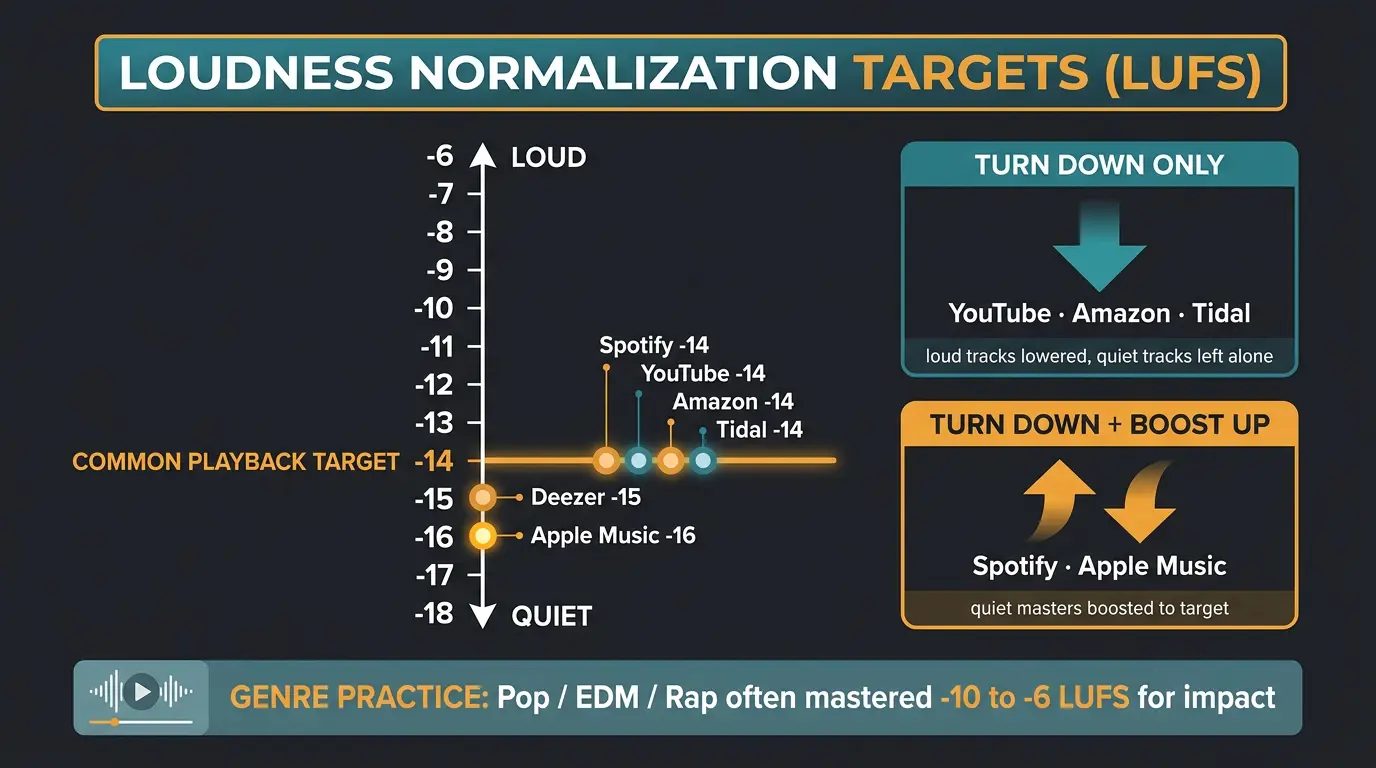Infographic showing streaming LUFS targets on a scale, with platforms that only lower loud tracks versus those that also boos