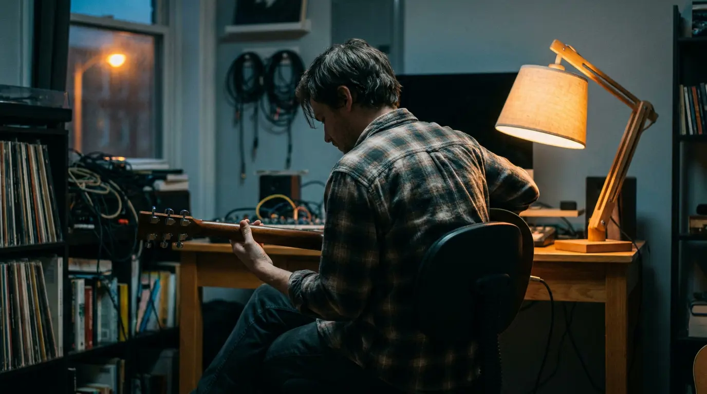 Guitarist seen from behind playing an open chord in a dim studio, warm lamp light against cool shadows.