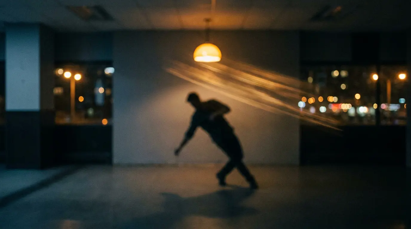 A blurred lone dancer swaying in a dark room lit by warm amber light and cool shadows.