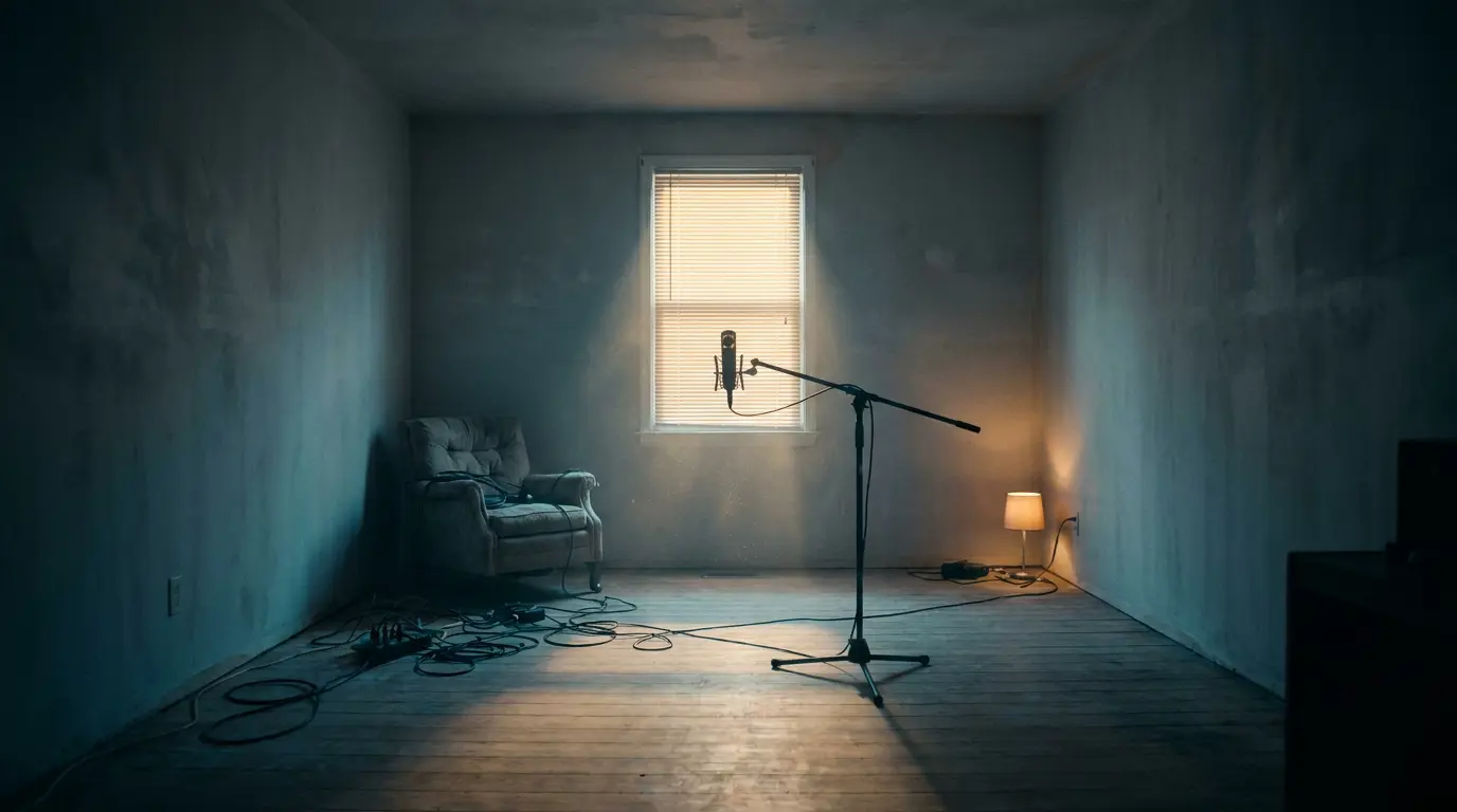 A lone microphone on a stand in a dim bare-walled home studio, lit by a warm shaft of window light.