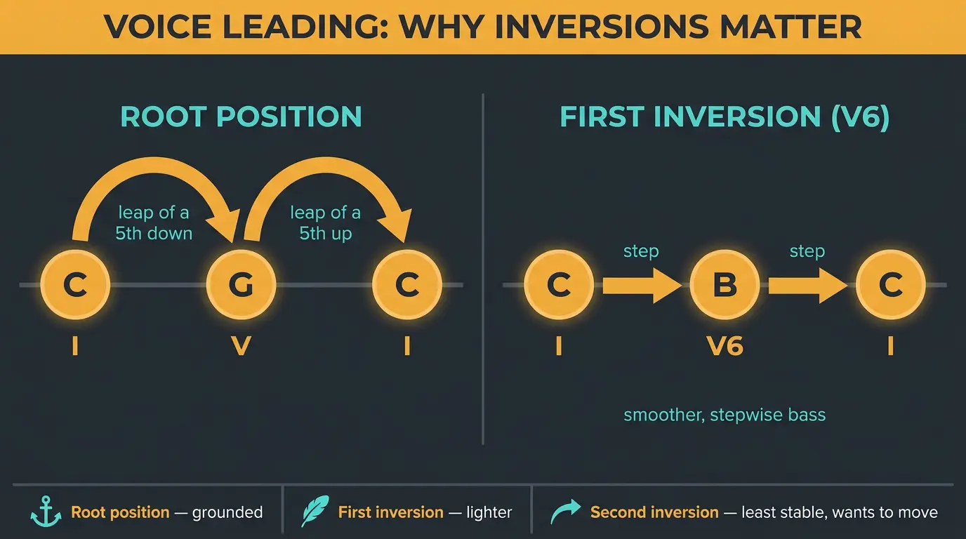Infographic comparing C-G-C root-position bass leaps to smooth C-B-C stepwise bass using V6 inversion, with inversion stabili