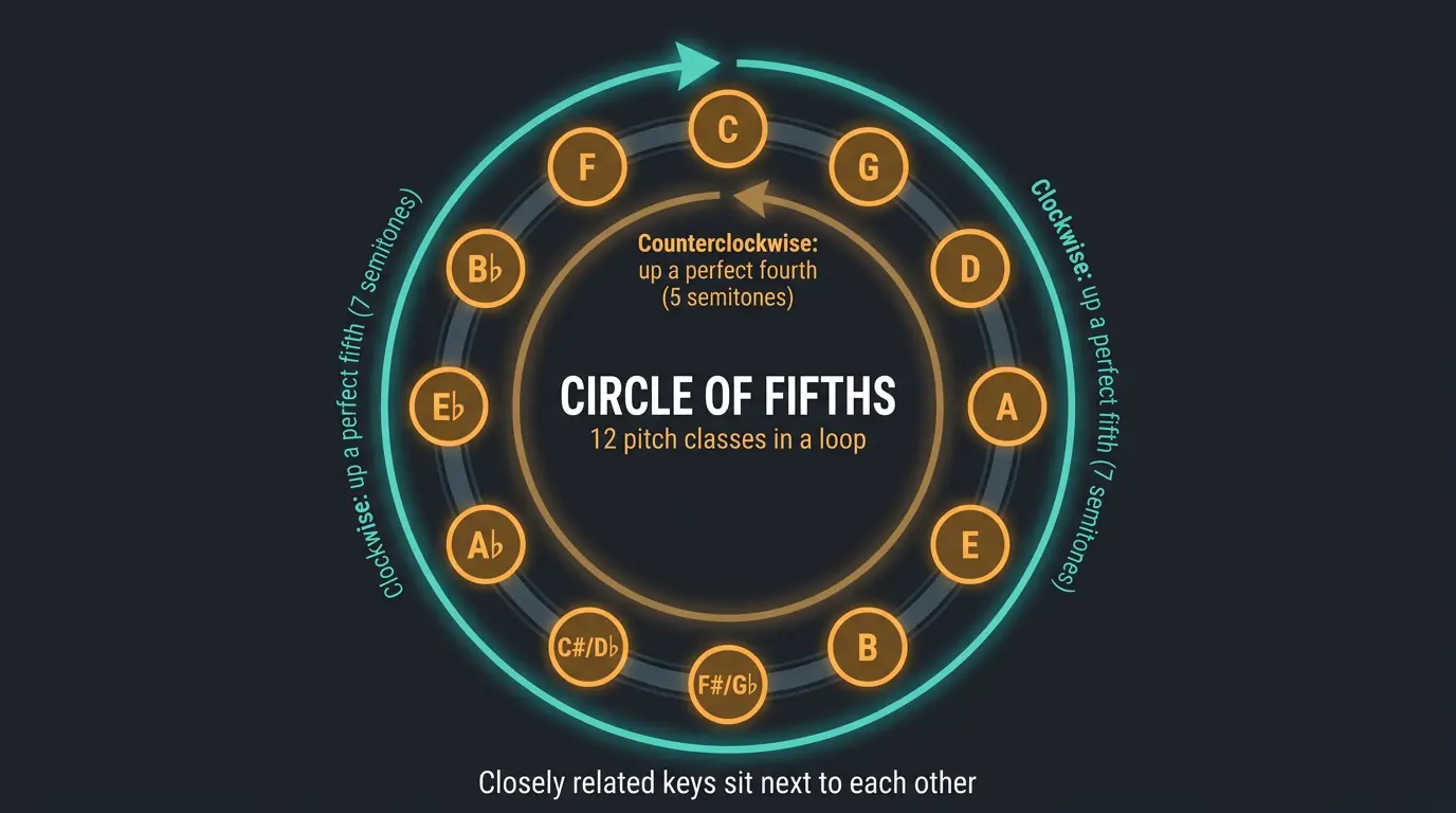 Circle of fifths wheel with 12 note names, clockwise fifths and counterclockwise fourths arrows.