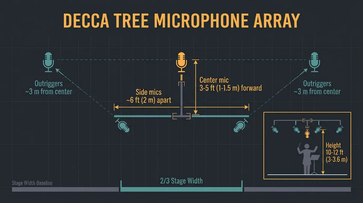 Top-down diagram of a Decca Tree mic array showing spacing, forward center mic, height, and outriggers with dimension labels.