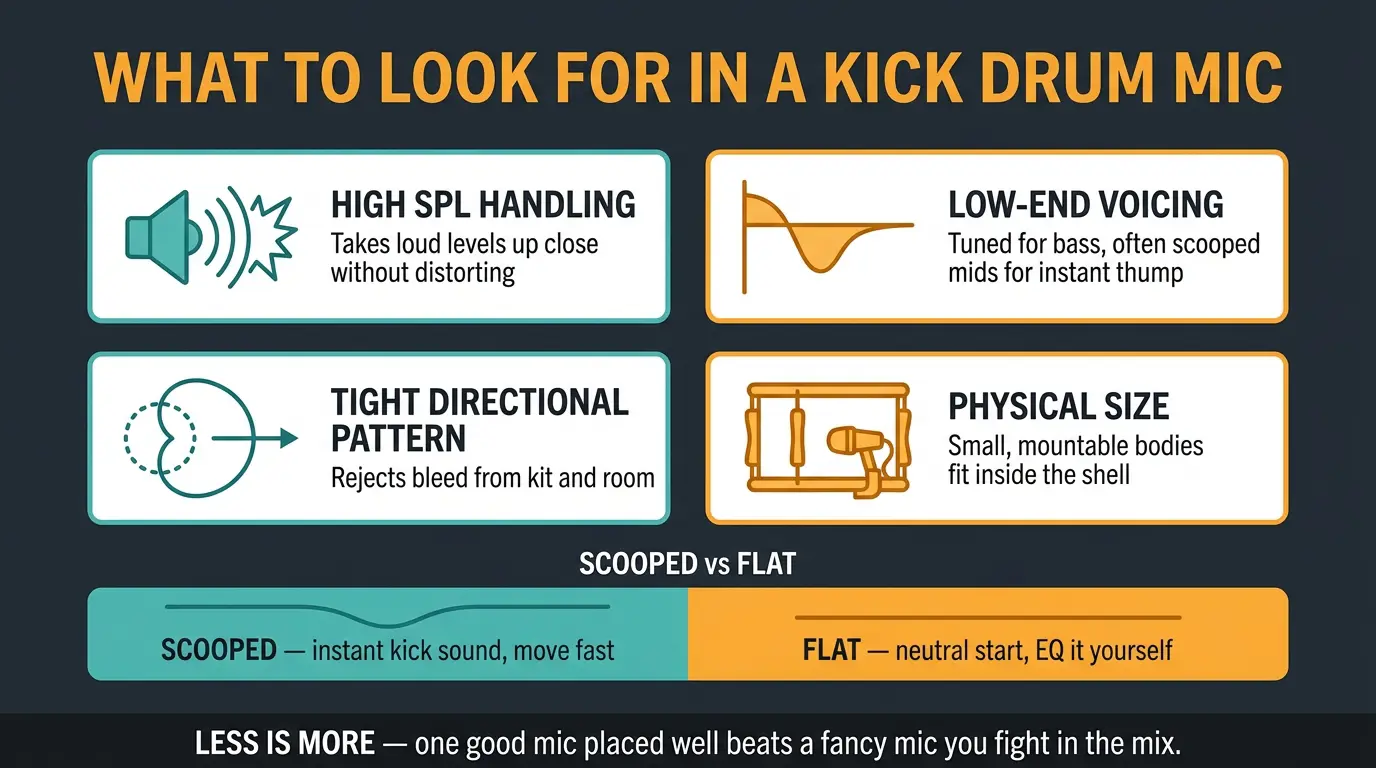 Infographic of kick drum mic features: SPL handling, low-end voicing, directional pattern, size, plus scooped vs flat compari