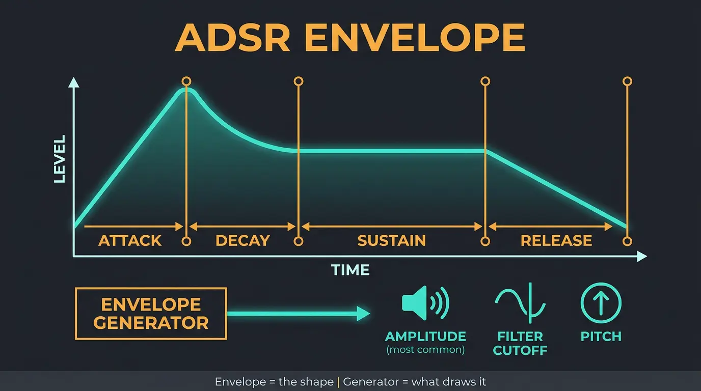 ADSR envelope curve with labeled Attack, Decay, Sustain, Release stages routed to amplitude, filter, and pitch targets.