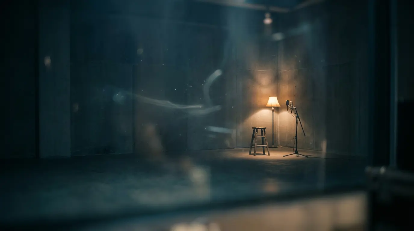 A near-empty studio room in blue shadow with a single warm lamp lighting a lone mic stand and stool.