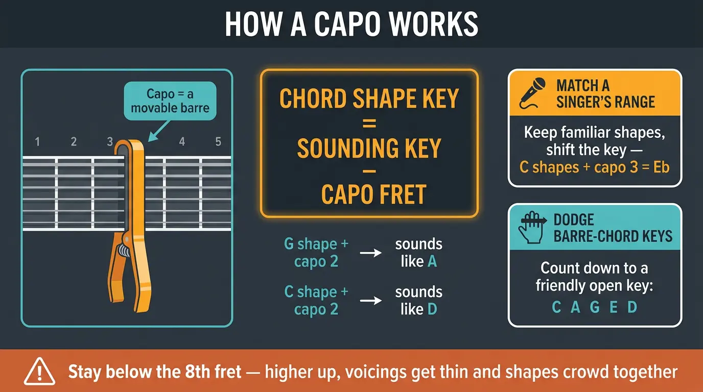 Infographic showing a guitar neck with a capo, the capo key formula, and two reasons to use a capo.