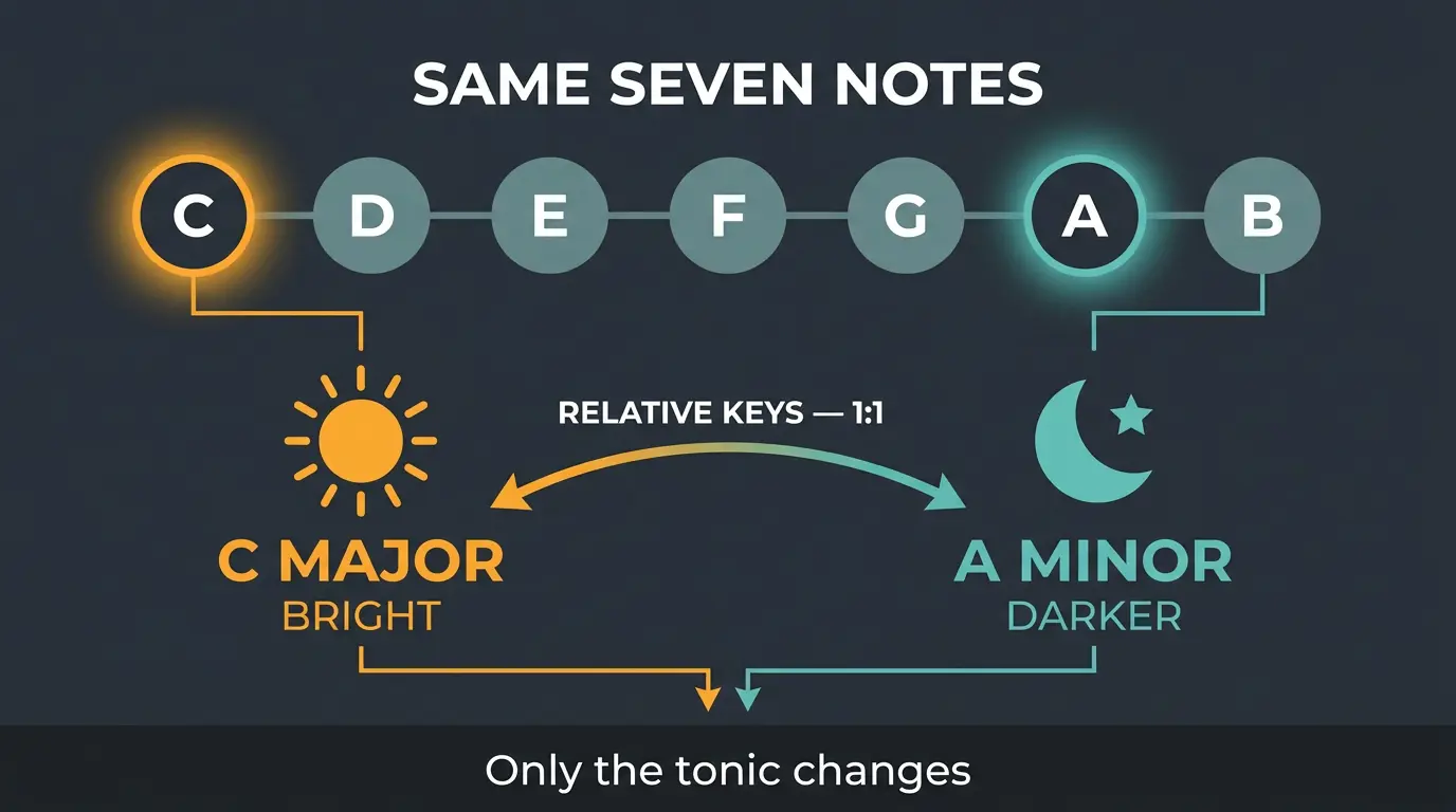 Infographic showing seven shared notes with C major highlighted bright and A minor highlighted dark, linked as relative keys.