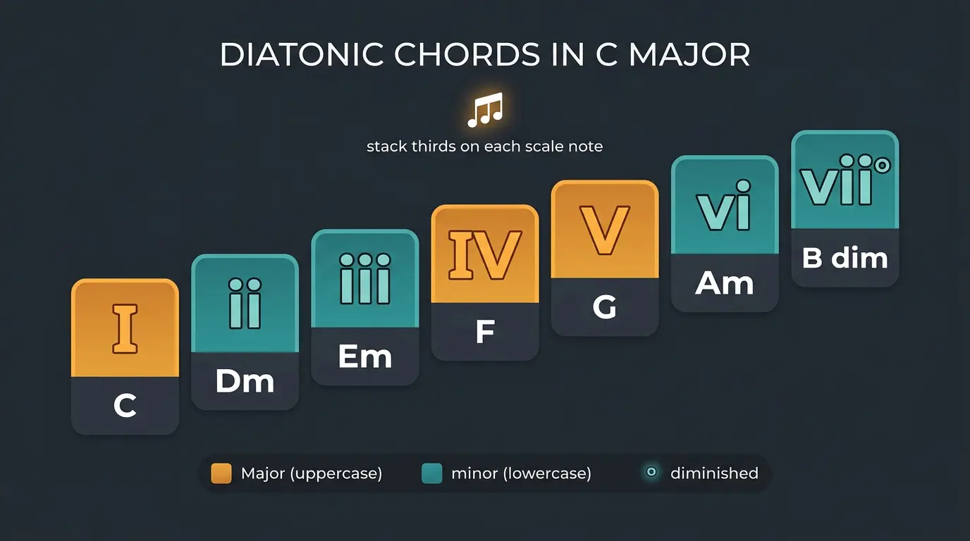 Infographic of the seven diatonic chords in C major with Roman numerals color-coded by chord quality.