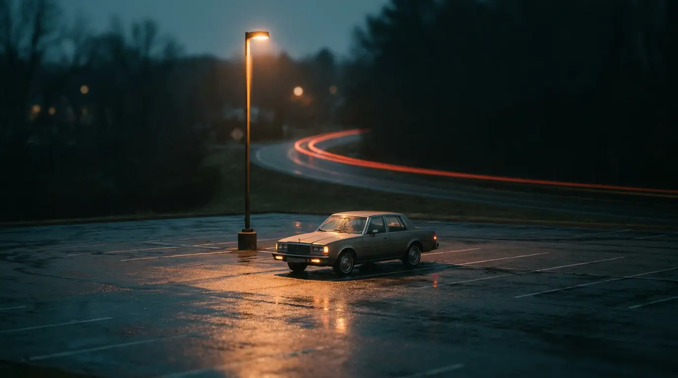 A lone car in an empty lot under an amber streetlamp at blue dusk, light trails fading into darkness.