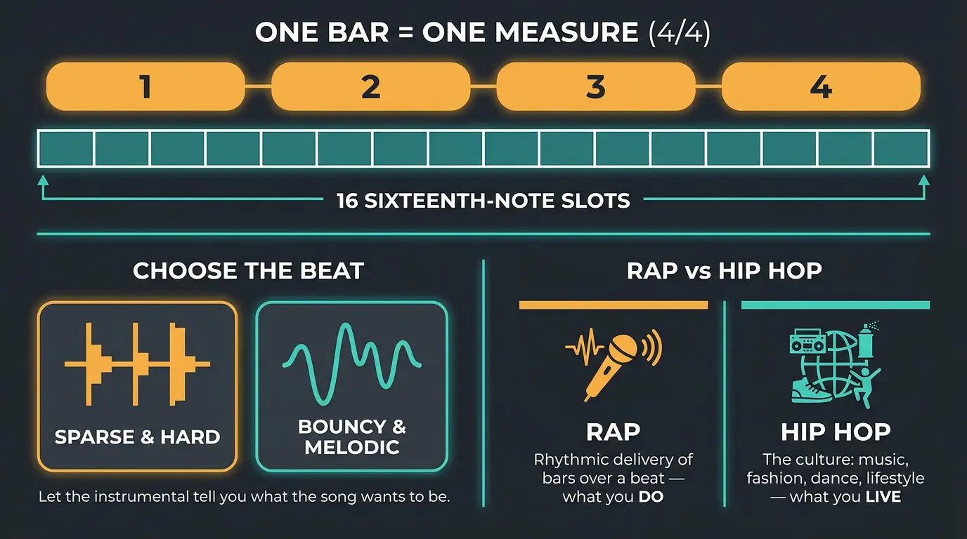 Infographic showing a 4/4 bar split into 16 slots, beat choice comparison, and rap vs hip hop definitions.