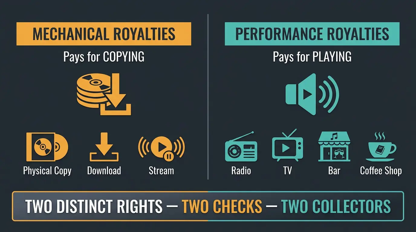 Two-column infographic comparing mechanical royalties for copying versus performance royalties for playing.