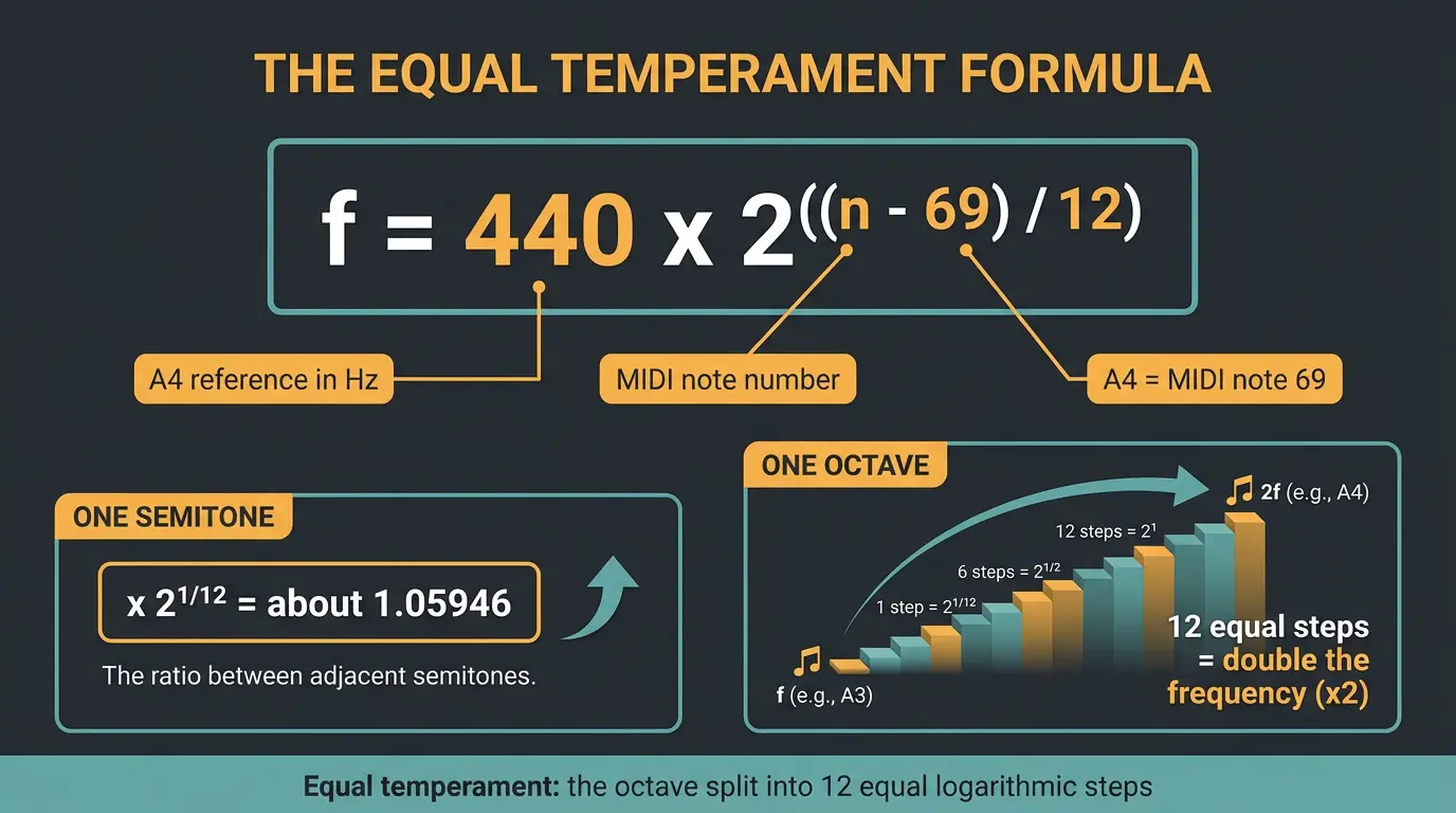 Infographic explaining the equal temperament formula f=440x2^((n-69)/12) with labeled parts, semitone ratio, and octave stair