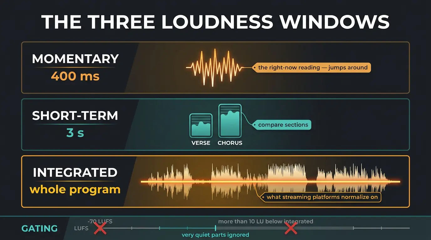 Infographic showing three loudness meter windows: Momentary 400ms, Short-term 3s, Integrated, plus a gating scale.