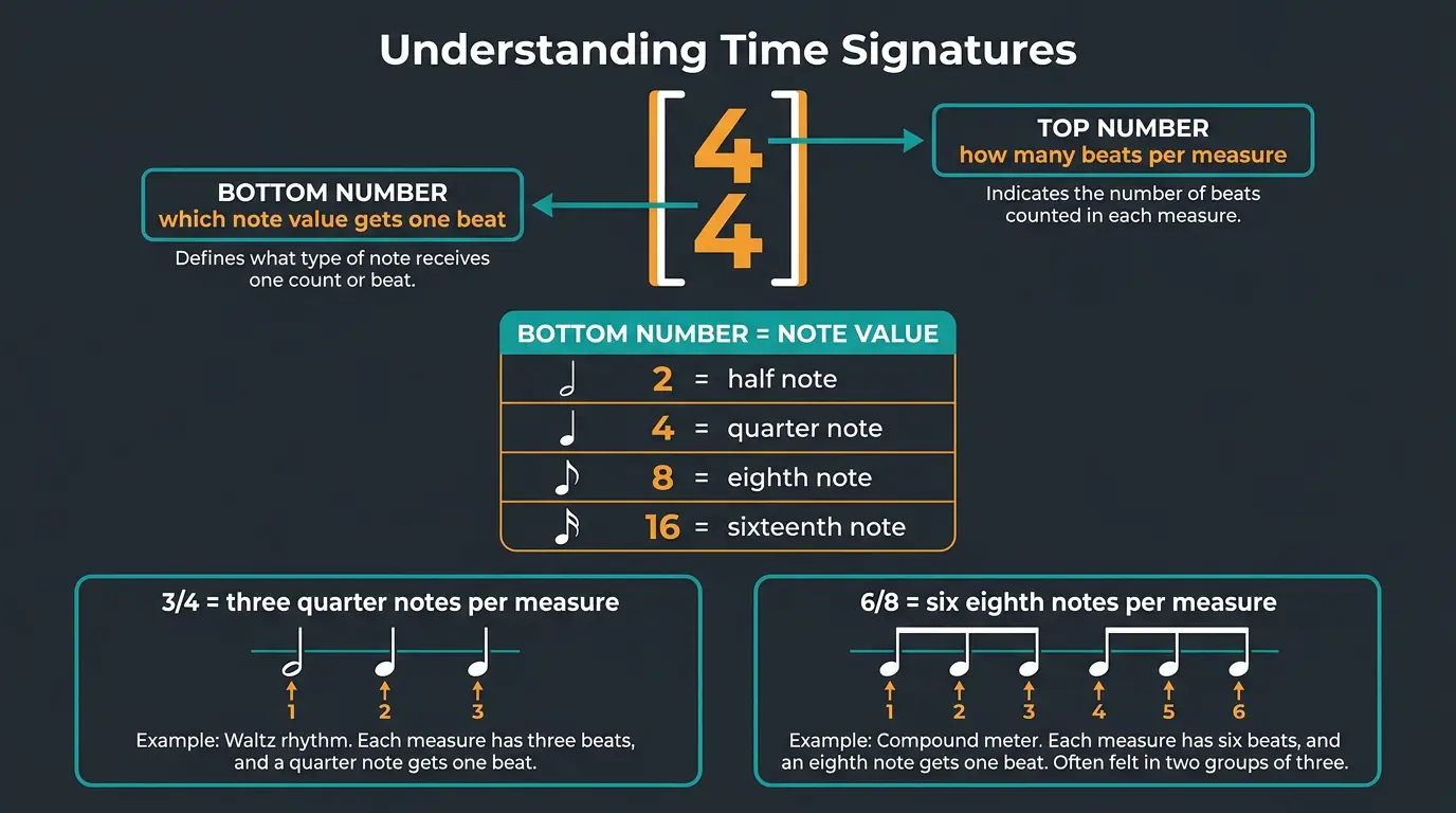 Infographic explaining time signature numbers, note-value key, and 3/4 and 6/8 examples with note icons.