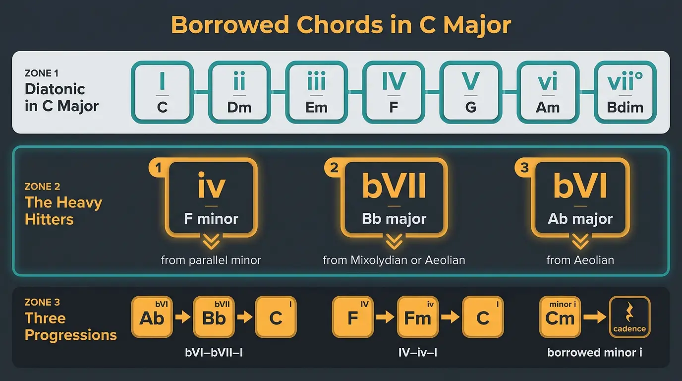 Infographic showing C major diatonic chords, borrowed chords Fm, Bb, Ab, and three progressions.