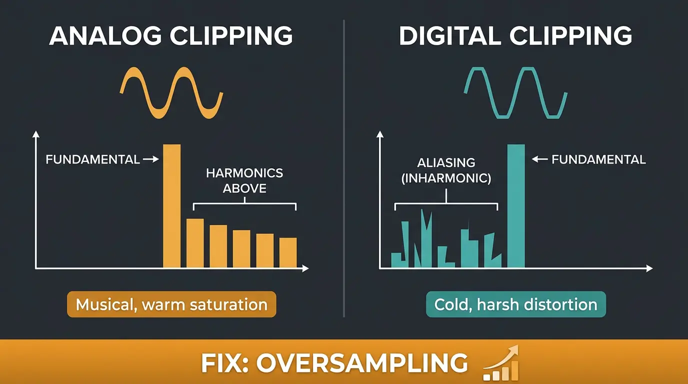 Infographic comparing analog clipping with harmonics above the fundamental versus digital clipping with aliasing below it.