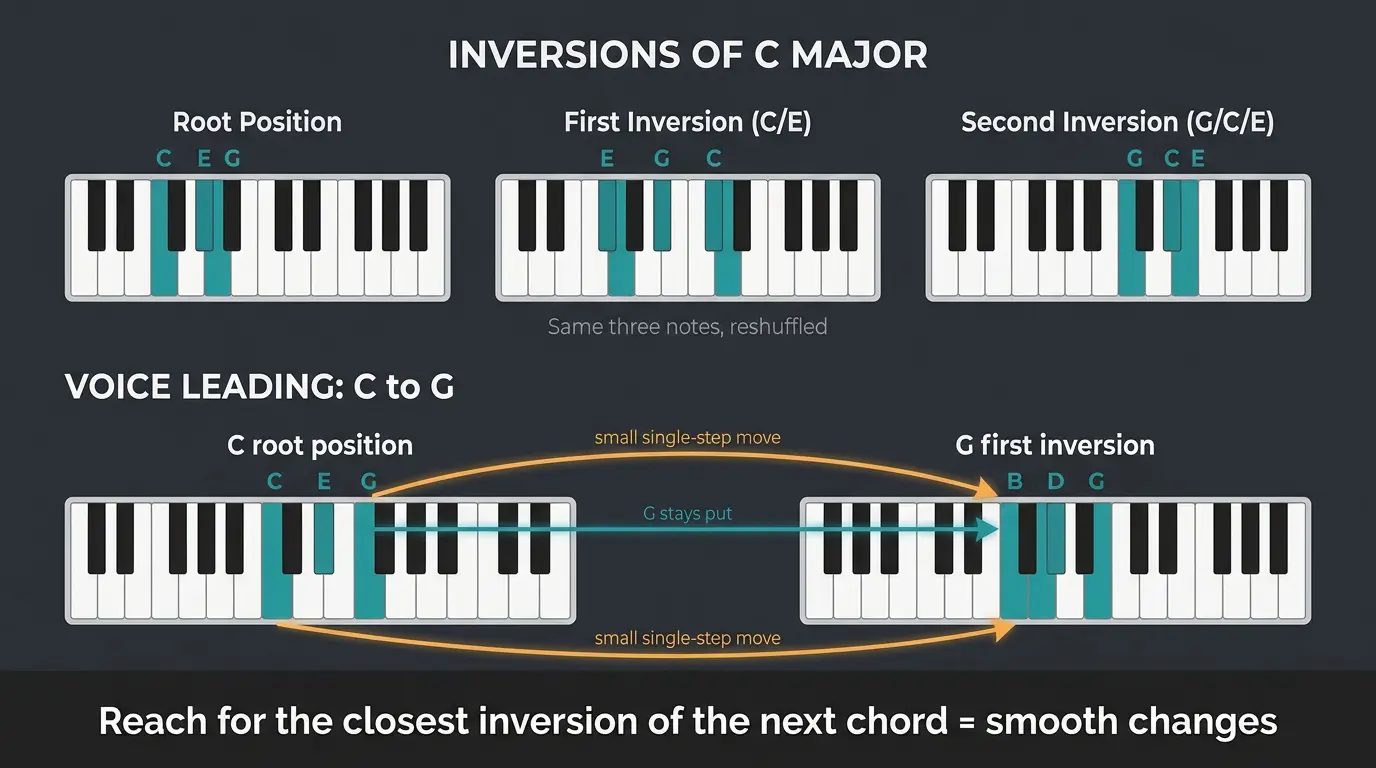 Infographic showing C major inversions on piano keyboards and voice leading from C to G first inversion.