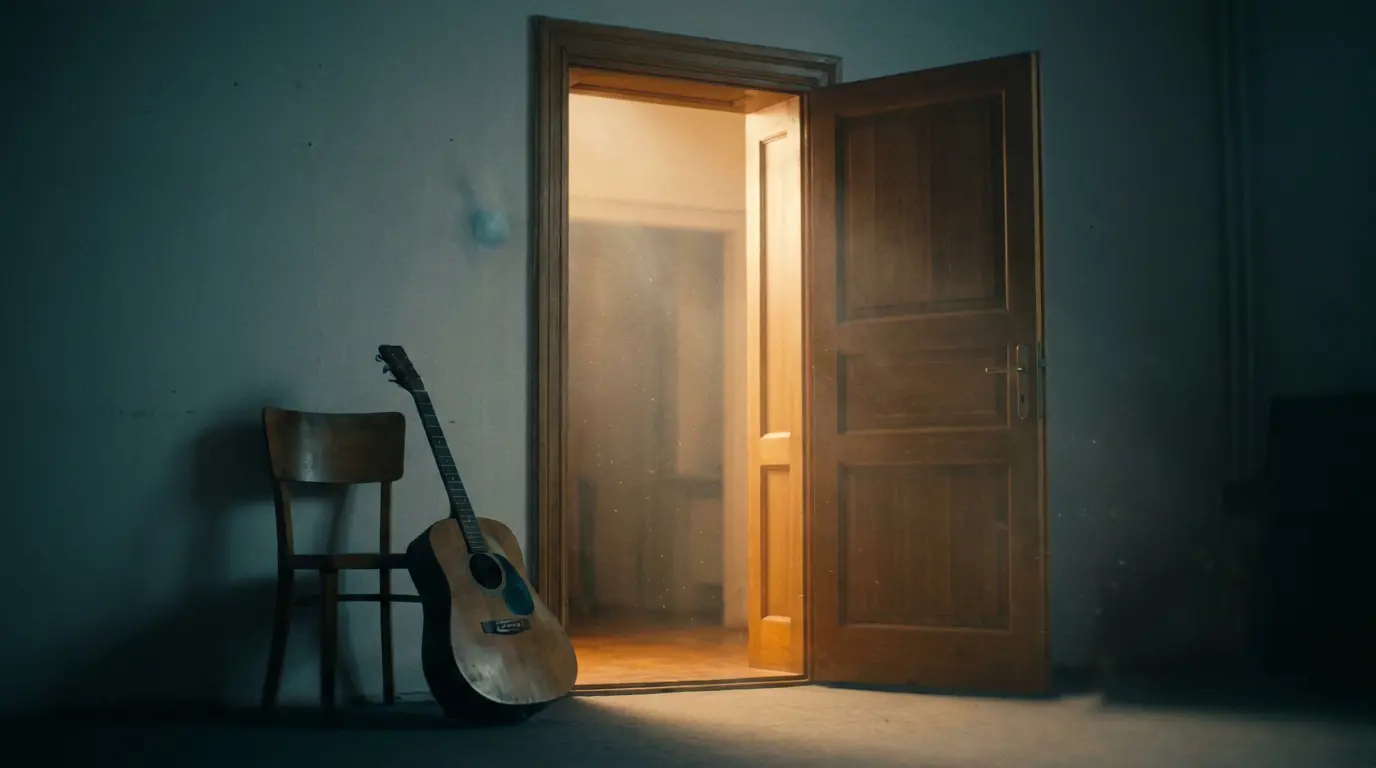 An acoustic guitar leaning by an open doorway, warm light glowing through into a shadowed room at dawn