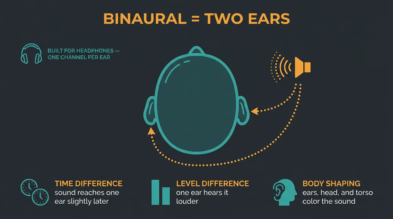 Infographic of a top-down head showing time, level, and body-shaping cues that let binaural audio place sound in space.