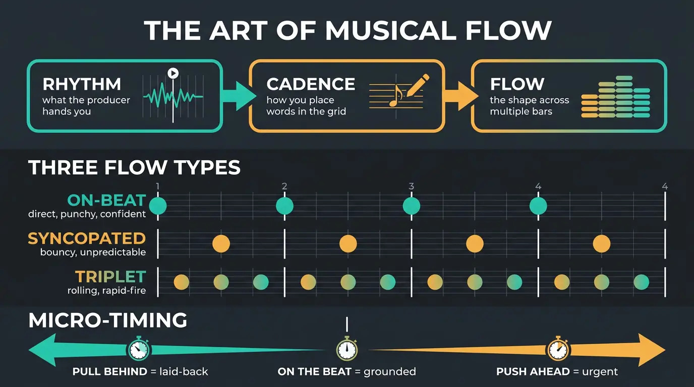 Infographic defining rhythm, cadence, flow, showing on-beat, syncopated, triplet flows and micro-timing feel.