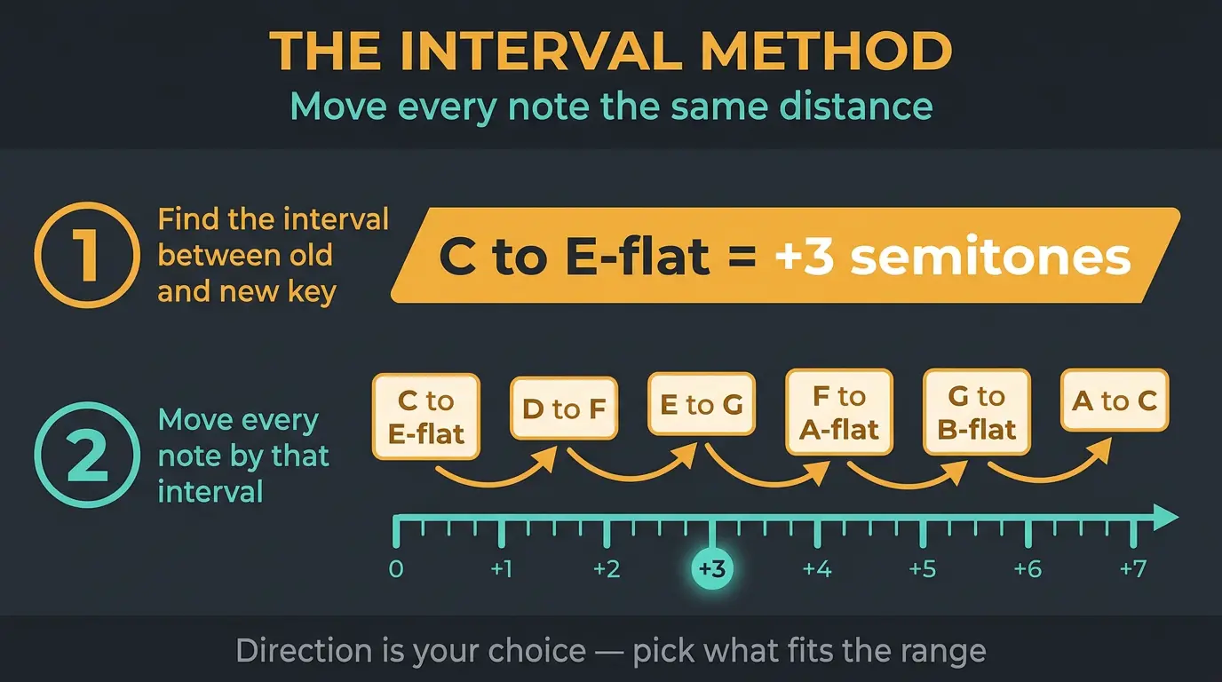 Infographic showing interval transposition: C to E-flat up 3 semitones, with note pairs and arrows.