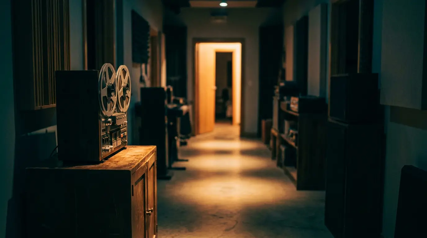 A tape machine in a dim studio hallway, warm light echoing in glowing pools down cool blue shadows.