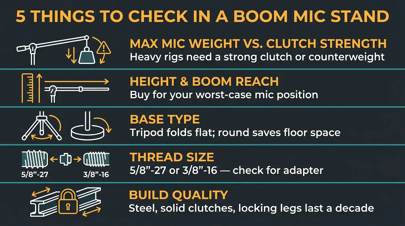 Infographic listing 5 boom mic stand buying factors: clutch strength, reach, base type, thread size, build quality.