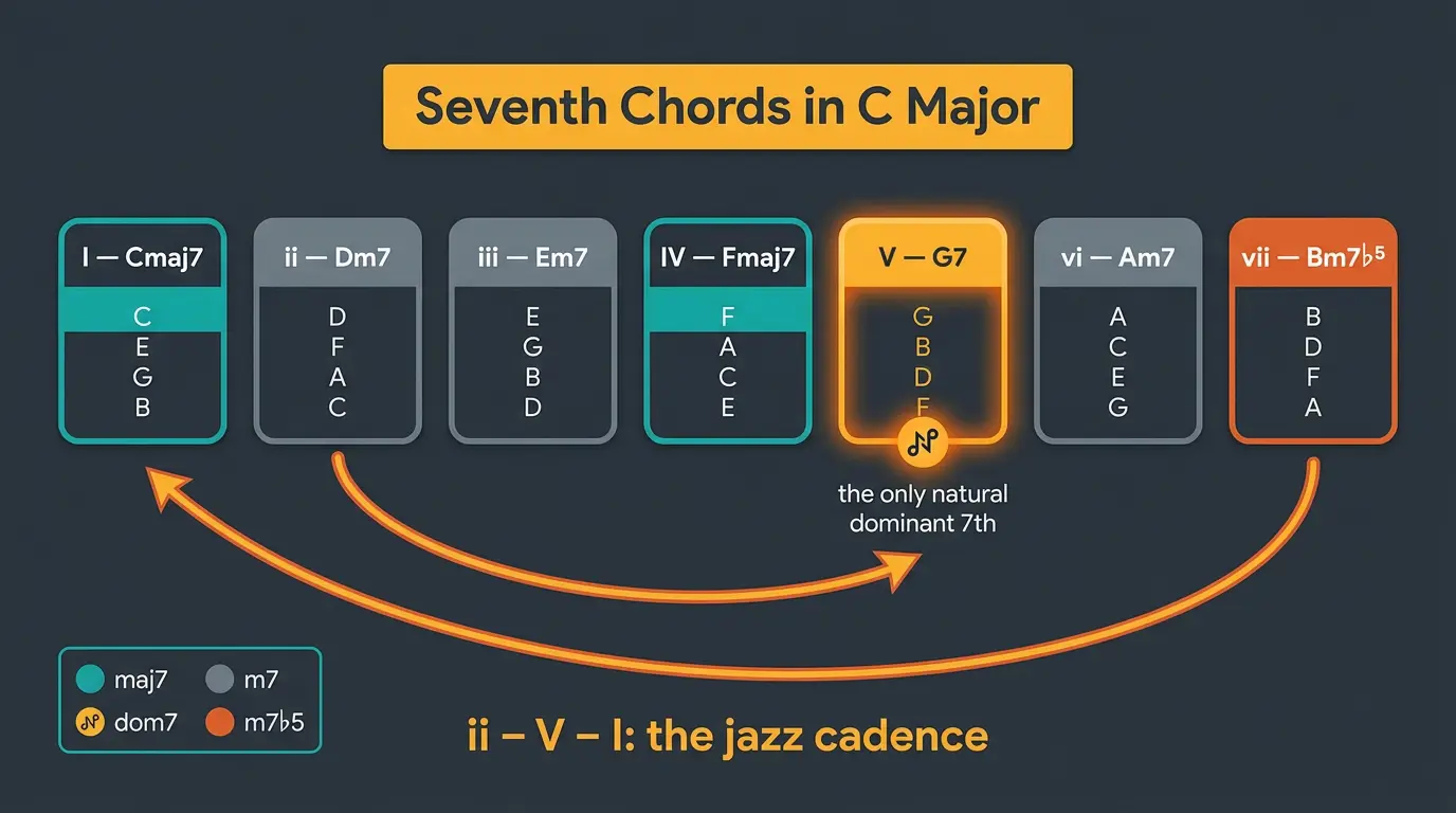 Infographic showing seven diatonic 7th chords in C major, color-coded by type, with ii-V-I cadence highlighted.
