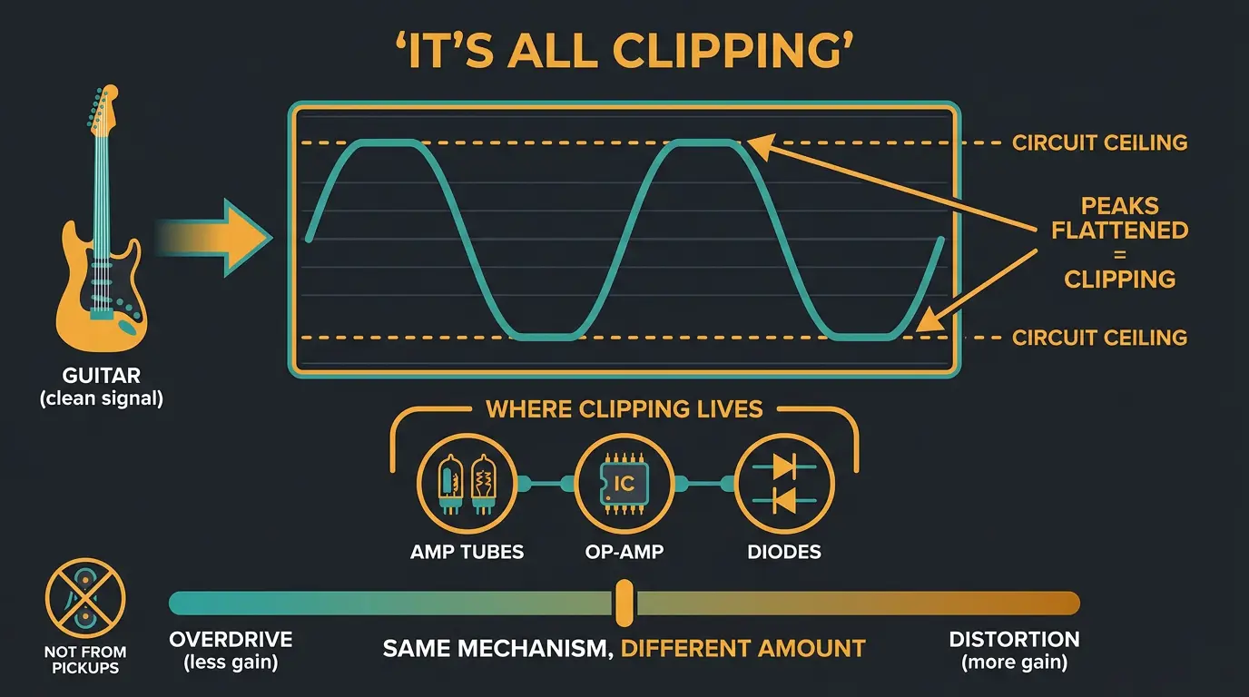 Infographic showing a guitar signal clipping into flattened waveform peaks, with overdrive-to-distortion gain slider.
