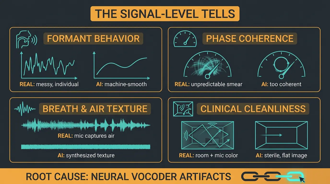 Infographic comparing real vs AI vocals across formants, phase, breath texture, and cleanliness, citing vocoder artifacts.