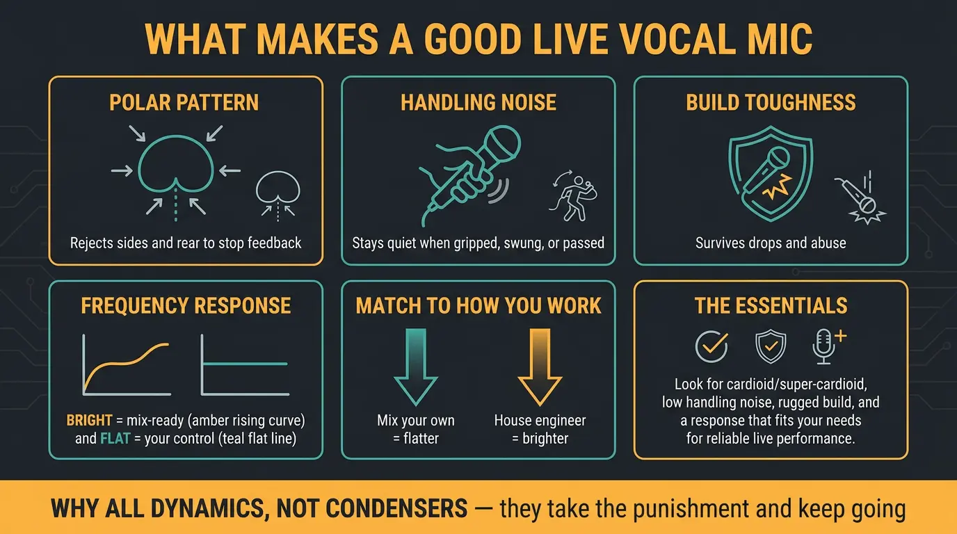 Infographic listing five live vocal mic qualities: polar pattern, handling noise, build, frequency response, and matching you