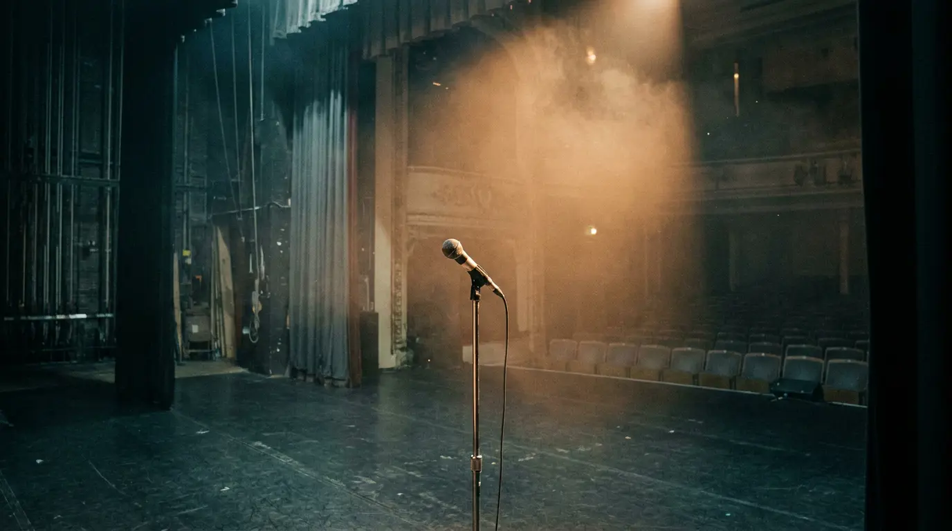 A lone handheld mic on a stand lit by a warm shaft of light on a dark empty stage
